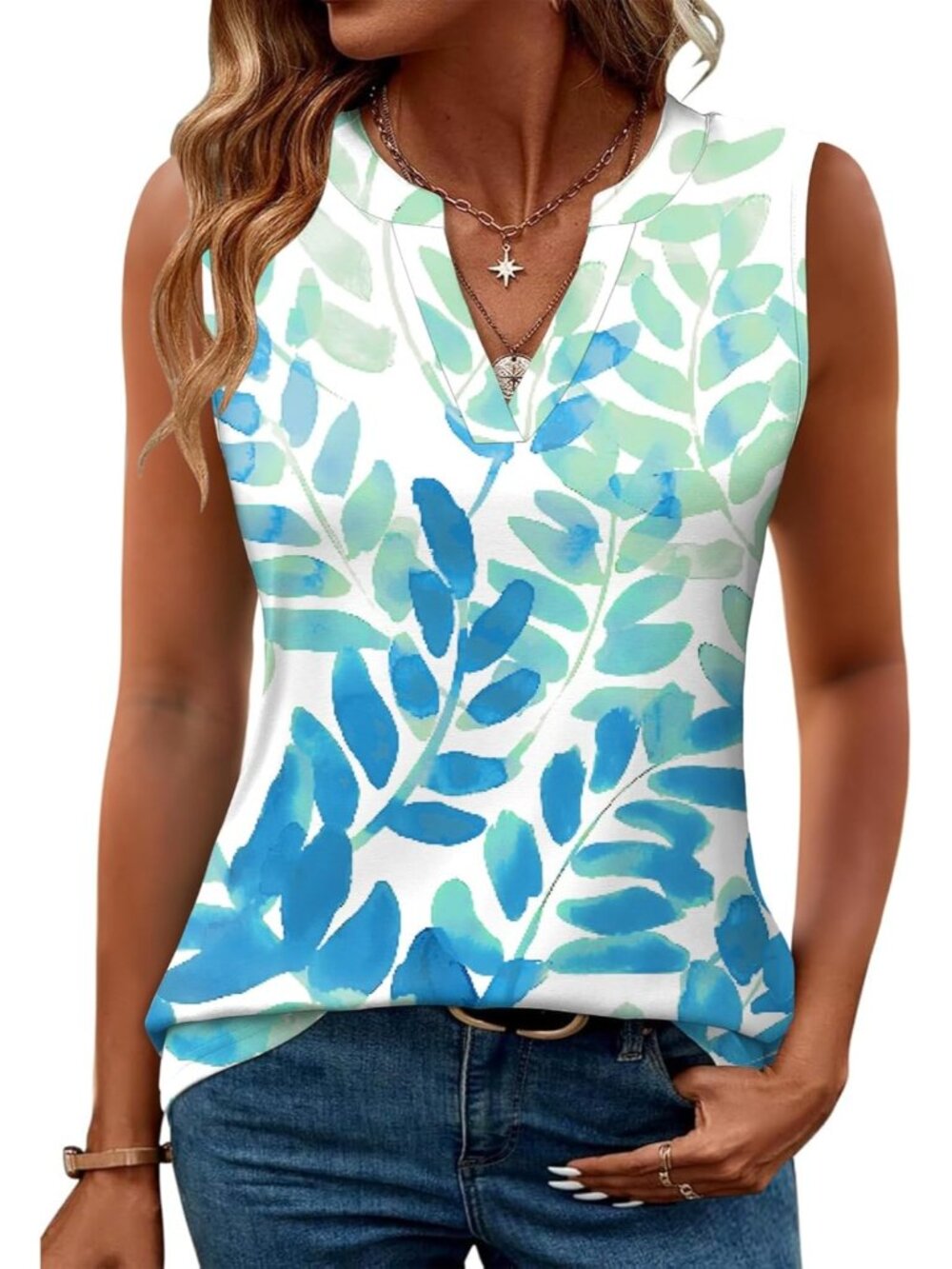 Women's Blue Leaf Sleeveless V Neck Shirts Blouses Tunic Imported Tank Tops